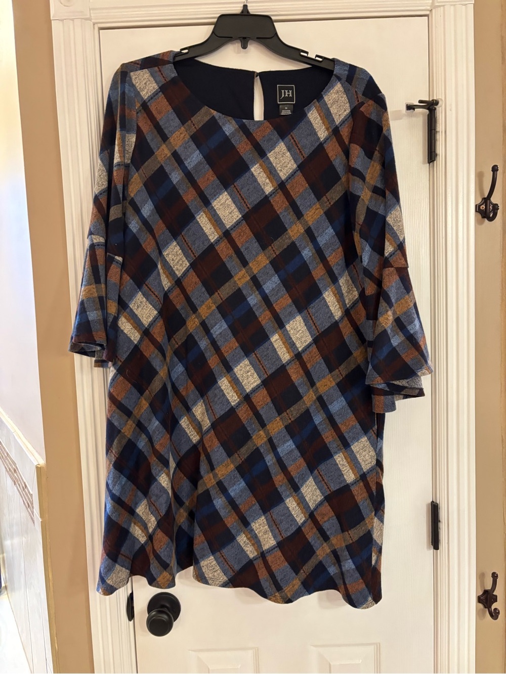 JH Collectibles Blue, Brown & Cream Plaid Short Sleeve Dress